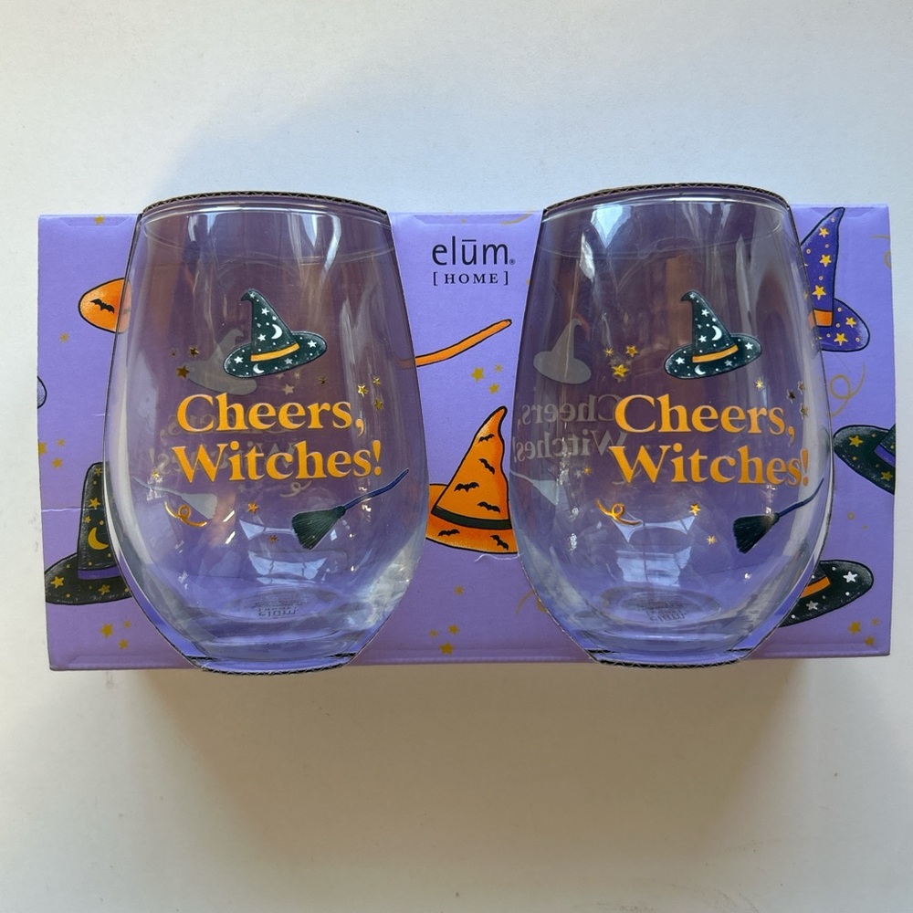 Cheers, Witches! Halloween Stemless Wine Glasses‎ - Set of 2 (Purple/Orange)